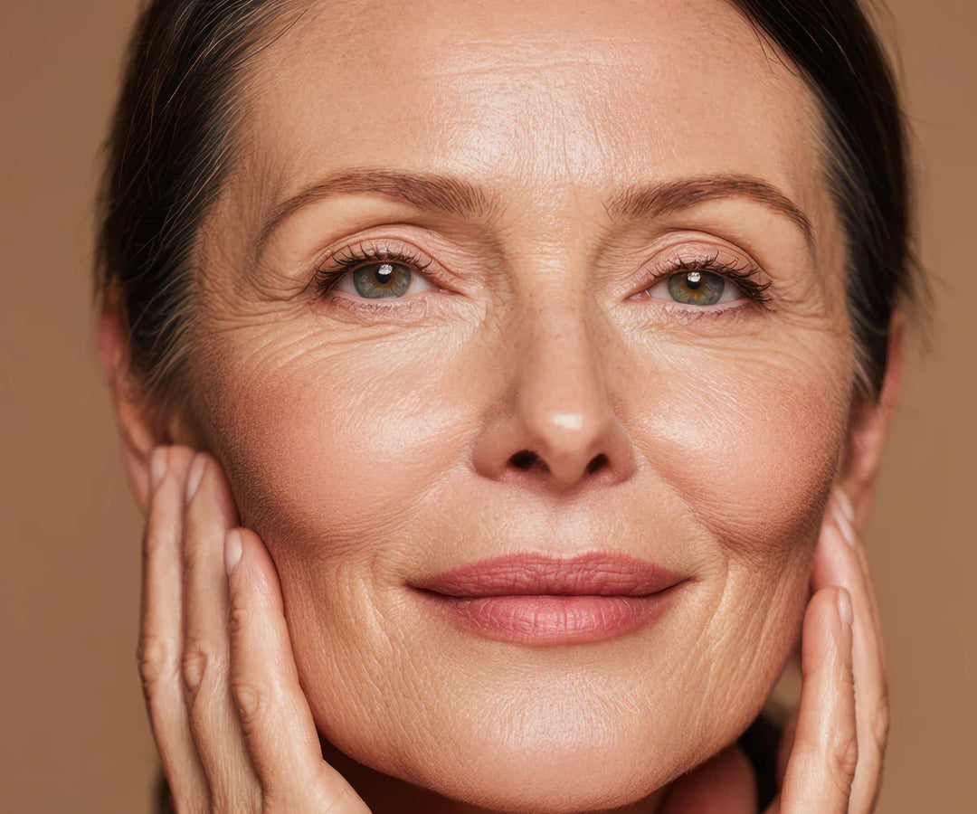 Close-up portrait of a mature woman with glowing skin, soft makeup and hands gently framing her face.