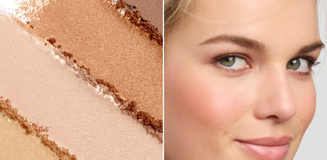 Jane Iredale mineral bronzing powder swatches and model showing softly glowing cheeks and eyes
