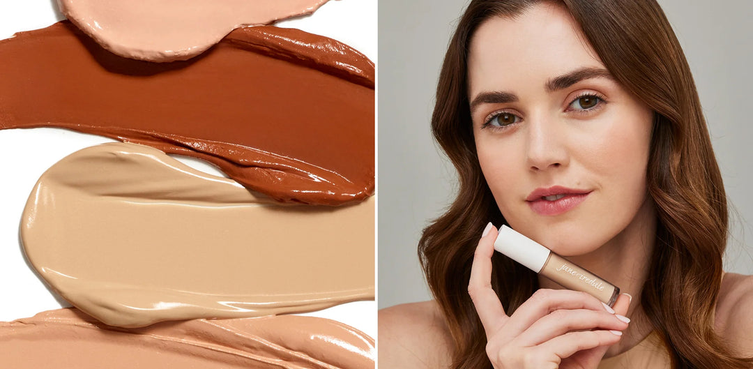 Creamy concealer swatches and model holding a bottle of PureMatch Liquid Concealer