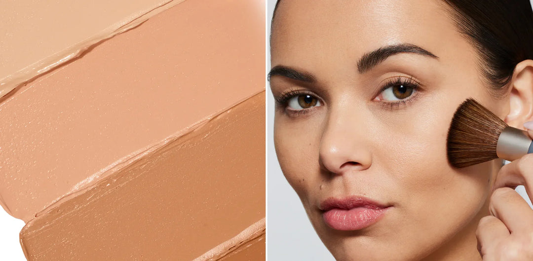 jane Iredale creamy mineral foundation swatch with model showing application of powder to cheeks using The Handi Brush