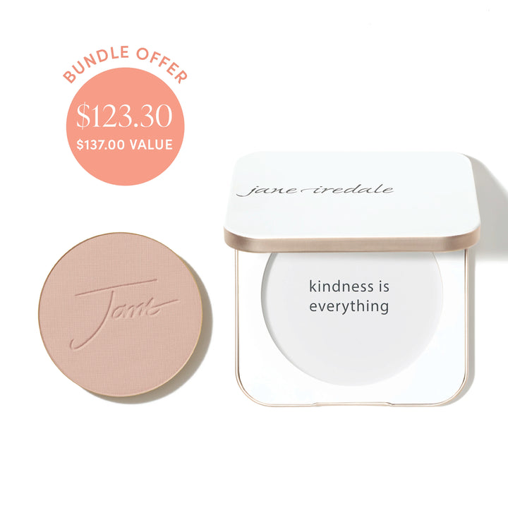 Jane Iredale® PurePressed Base Mineral Foundation refill in Suntan shade beside a refillable compact, with bundle offer badge showing $123.30 and $137.00 value.