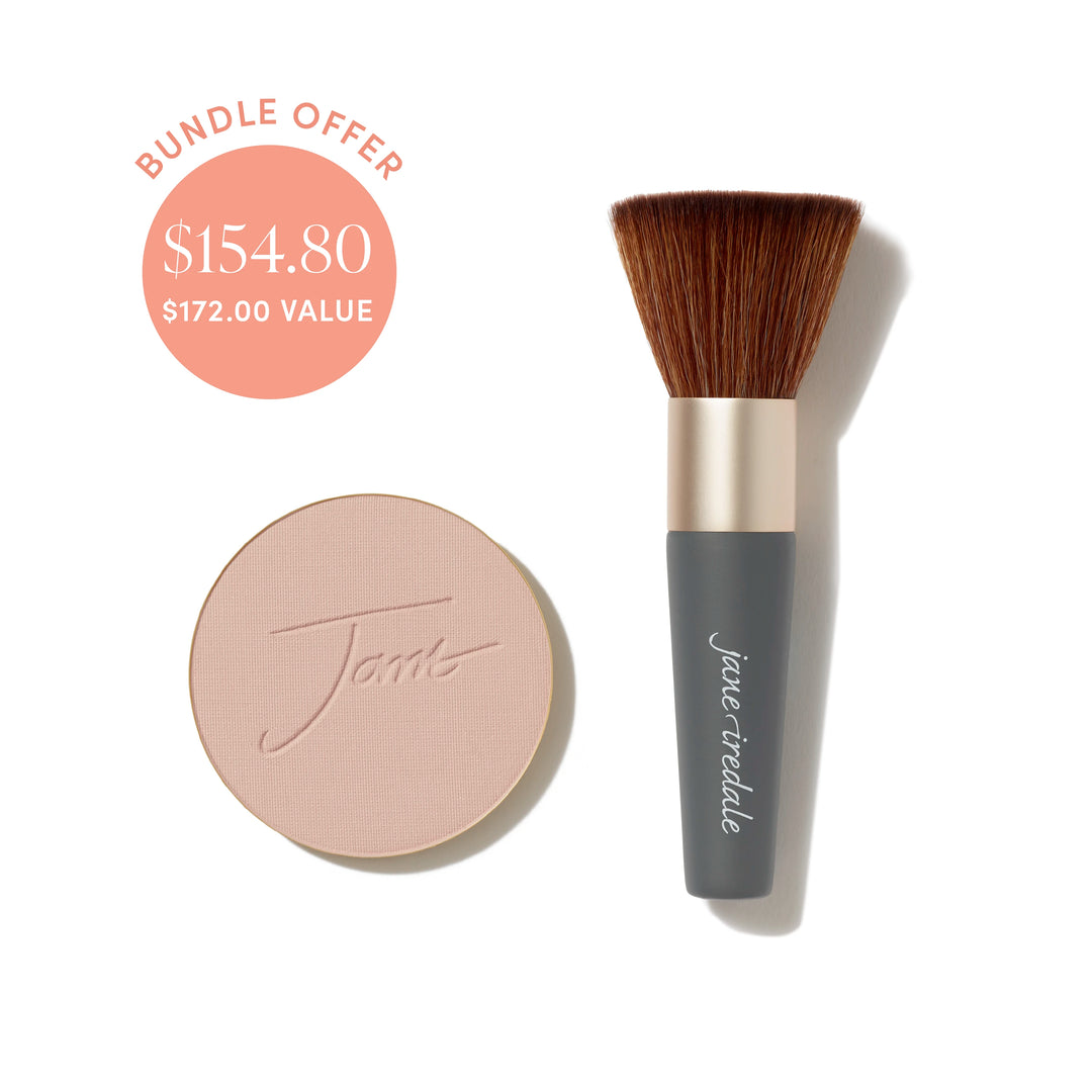 Jane Iredale® PurePressed Base Mineral Foundation refill in Suntan shade beside a Handi Brush, with bundle offer badge showing $154.80 and $172.00 value.