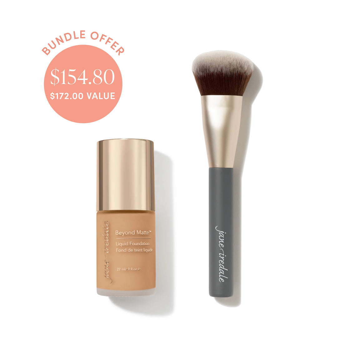 Jane Iredale® Beyond Matte Liquid Foundation in shade M10 beside a Multiuse Blending Brush, with bundle offer badge showing $154.80 and $172.00 value.