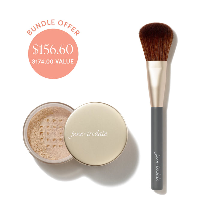 Jane Iredale® Amazing Base Loose Mineral Powder in Satin shade beside a Powder Complexion Brush, with bundle offer badge showing $156.60 and $174.00 value.