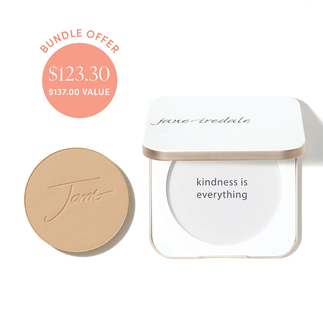 Jane Iredale® PurePressed Base Mineral Foundation refill in Golden Glow shade beside a refillable compact, with bundle offer badge showing $123.30 and $137.00 value.