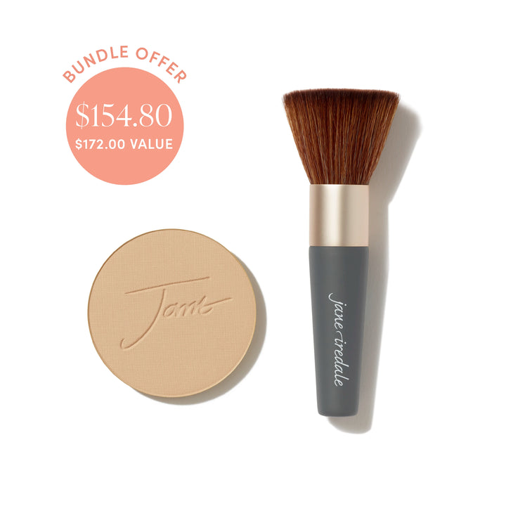 Jane Iredale® PurePressed Base Mineral Foundation refill in Golden Glow shade beside a Handi Brush, with bundle offer badge showing $154.80 and $172.00 value.