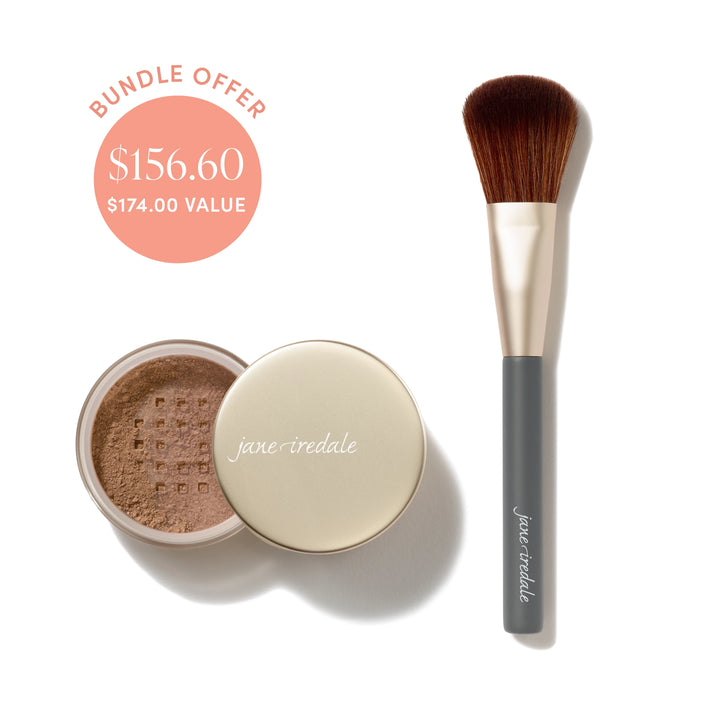 Jane Iredale® Amazing Base Loose Mineral Powder in Velvet shade beside a Powder Complexion Brush, with bundle offer badge showing $156.60 and $174.00 value.