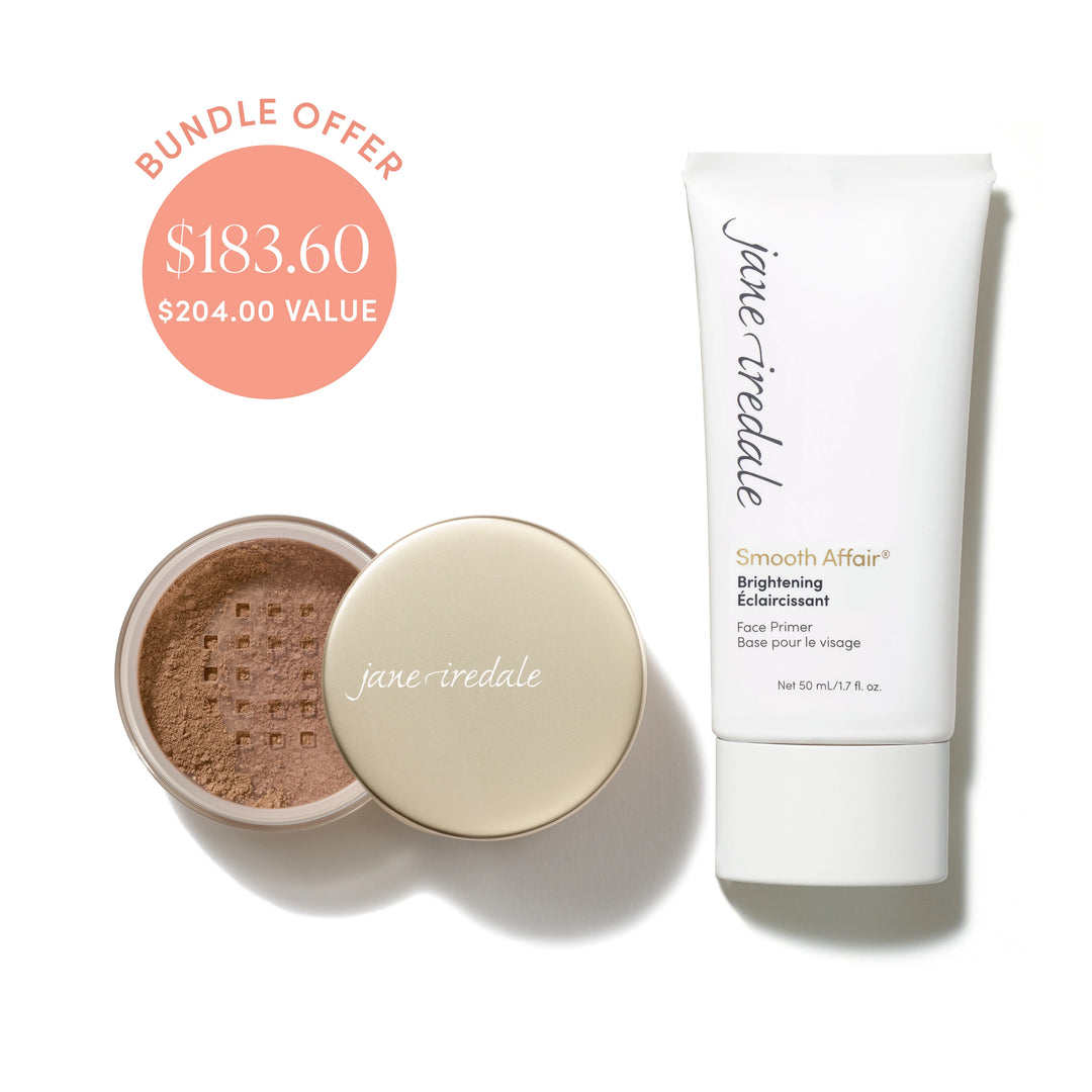 Jane Iredale® Amazing Base Loose Mineral Powder in Velvet shade beside Smooth Affair® Brightening Face Primer, with bundle offer badge showing $183.60 and $204.00 value.
