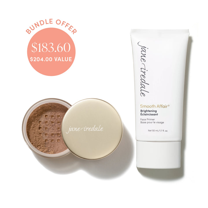 Jane Iredale® Amazing Base Loose Mineral Powder in Velvet shade beside Smooth Affair® Brightening Face Primer, with bundle offer badge showing $183.60 and $204.00 value.