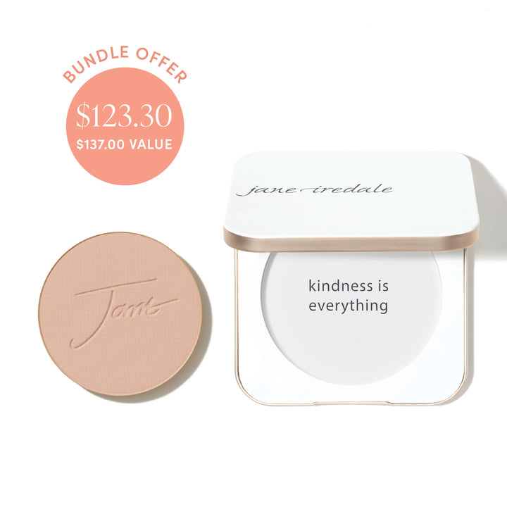 Jane Iredale® PurePressed Base Mineral Foundation refill in Honey Bronze shade beside a refillable compact, with bundle offer badge showing $123.30 and $137.00 value.