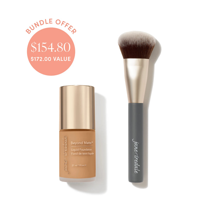 Jane Iredale® Beyond Matte Liquid Foundation in shade M12 beside a Multiuse Blending Brush, with bundle offer badge showing $154.80 and $172.00 value.