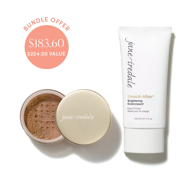 Jane Iredale® Amazing Base Loose Mineral Powder in Warm Brown shade beside Smooth Affair® Brightening Face Primer, with bundle offer badge showing $183.60 and $204.00 value.