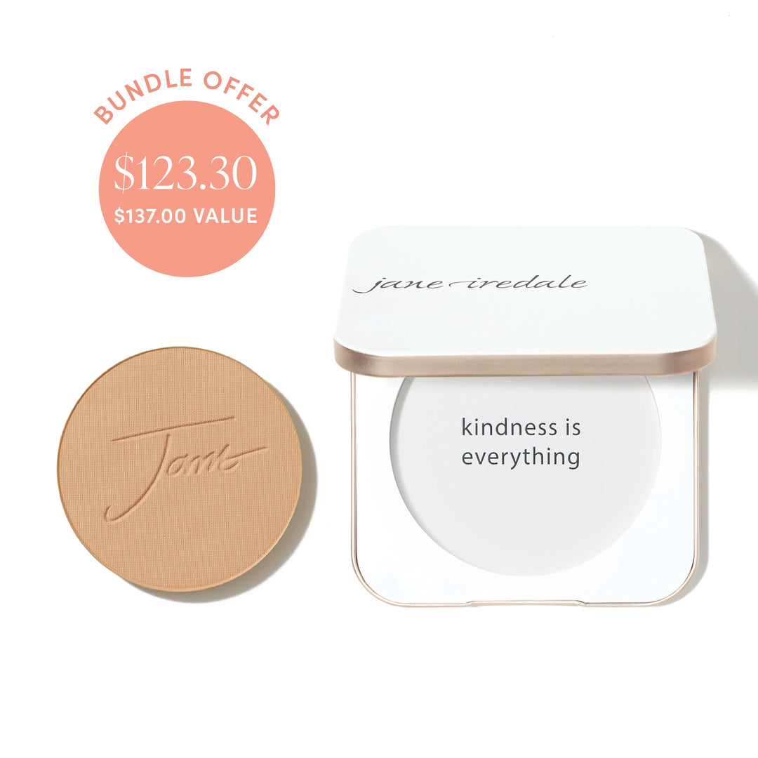 Jane Iredale® PurePressed Base Mineral Foundation refill in Sweet Honey shade beside a refillable compact, with bundle offer badge showing $123.30 and $137.00 value.