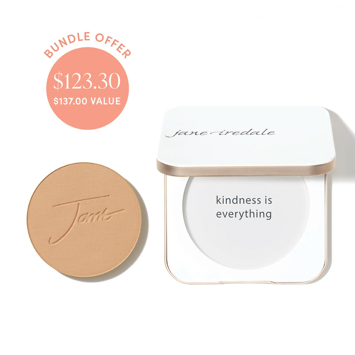 Jane Iredale® PurePressed Base Mineral Foundation refill in Sweet Honey shade beside a refillable compact, with bundle offer badge showing $123.30 and $137.00 value.