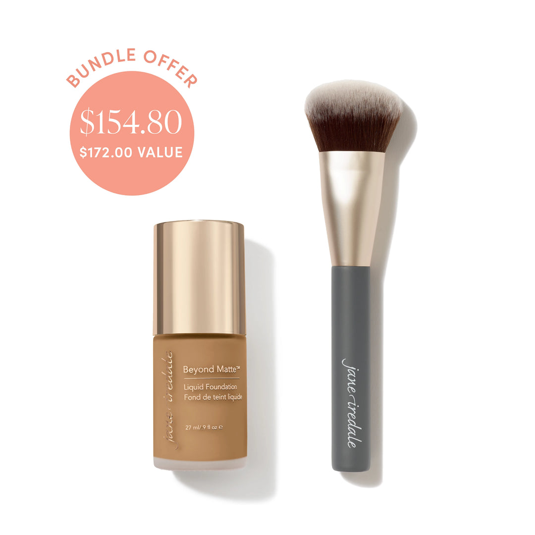 Jane Iredale® Beyond Matte Liquid Foundation in shade M13 beside a Multiuse Blending Brush, with bundle offer badge showing $154.80 and $172.00 value.