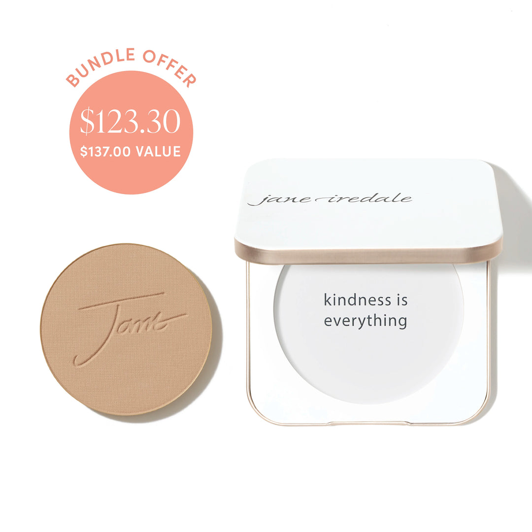 Jane Iredale® PurePressed Base Mineral Foundation refill in Riviera shade beside a refillable compact, with bundle offer badge showing $123.30 and $137.00 value.