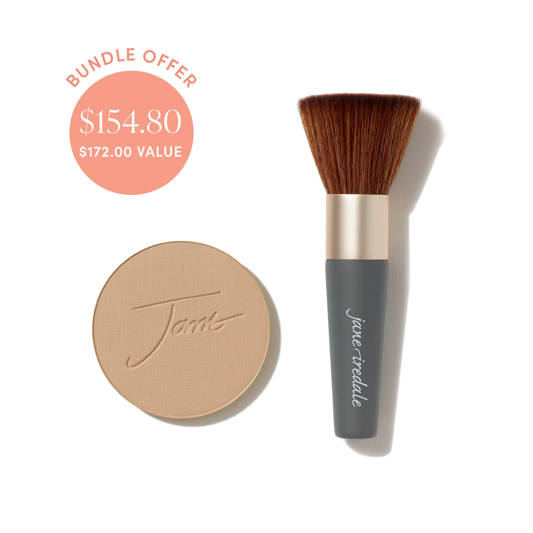 Jane Iredale® PurePressed Base Mineral Foundation refill in Riviera shade beside a Handi Brush, with bundle offer badge showing $154.80 and $172.00 value.