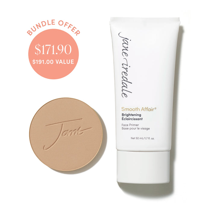 Jane Iredale® PurePressed Base Mineral Foundation refill in Riviera shade beside Brightening Smooth Affair Face Primer, with bundle offer badge showing $171.90 and $191.00 value.