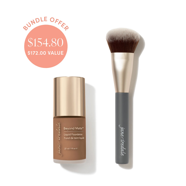 Jane Iredale® Beyond Matte Liquid Foundation in shade M14 beside a Multiuse Blending Brush, with bundle offer badge showing $154.80 and $172.00 value.