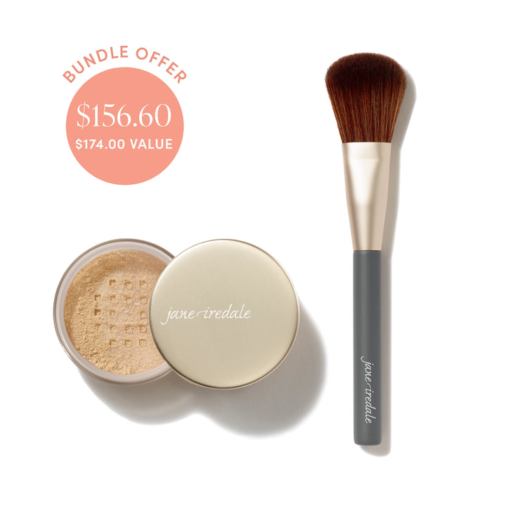 Jane Iredale® Amazing Base Loose Mineral Powder in Warm Silk shade beside a Powder Complexion Brush, with bundle offer badge showing $156.60 and $174.00 value.