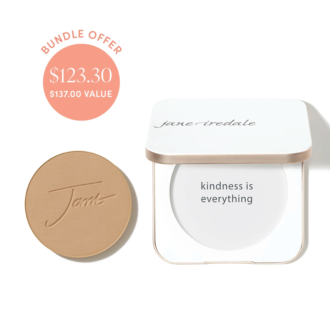 Jane Iredale® PurePressed Base Mineral Foundation refill in Latte shade beside a refillable compact, with bundle offer badge showing $123.30 and $137.00 value.