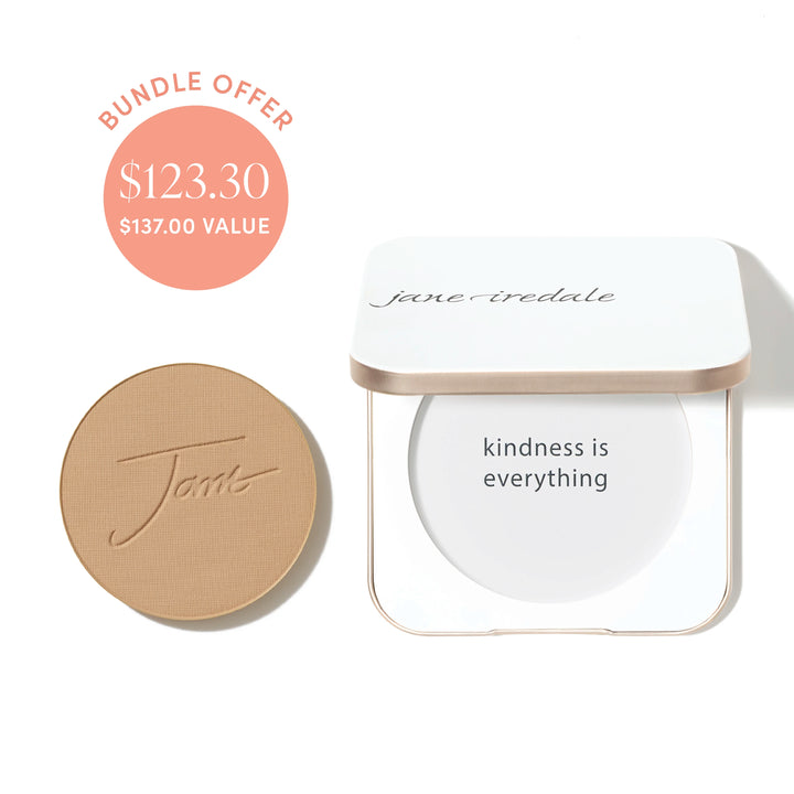 Jane Iredale® PurePressed Base Mineral Foundation refill in Latte shade beside a refillable compact, with bundle offer badge showing $123.30 and $137.00 value.