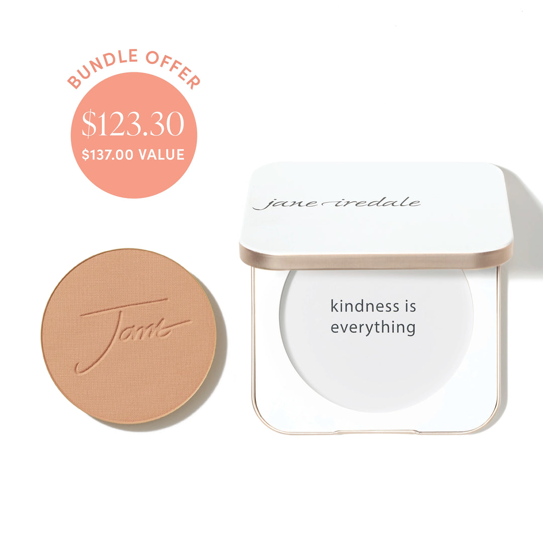 Jane Iredale® PurePressed Base Mineral Foundation refill in Teakwood shade beside a refillable compact, with bundle offer badge showing $123.30 and $137.00 value.