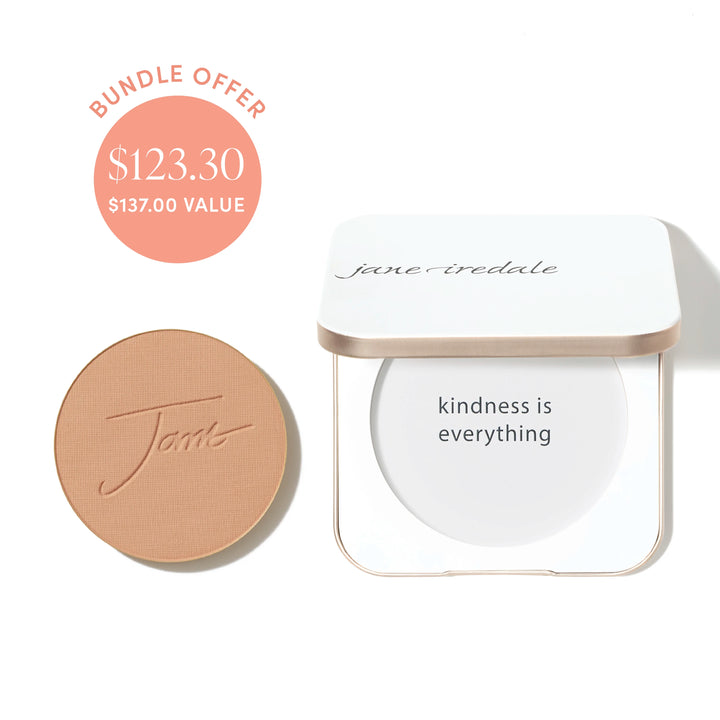 Jane Iredale® PurePressed Base Mineral Foundation refill in Teakwood shade beside a refillable compact, with bundle offer badge showing $123.30 and $137.00 value.