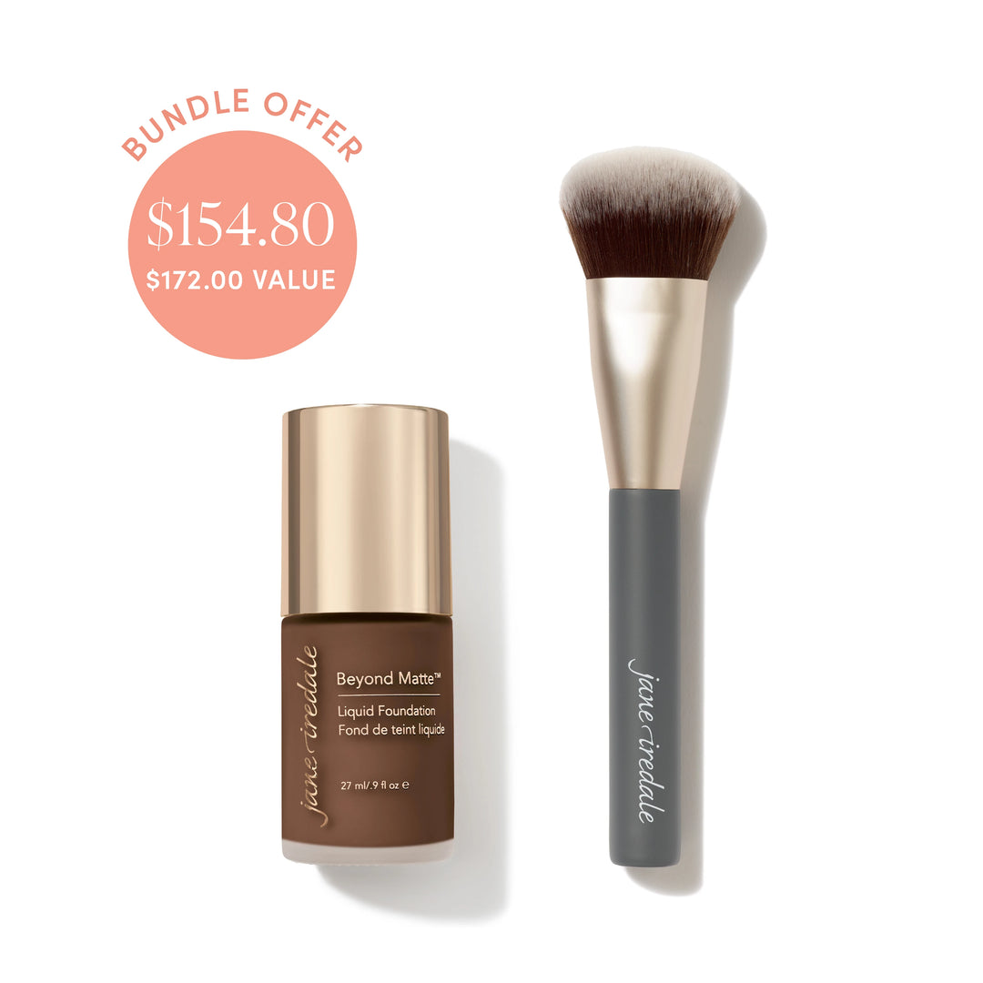 Jane Iredale® Beyond Matte Liquid Foundation in shade M16 beside a Multiuse Blending Brush, with bundle offer badge showing $154.80 and $172.00 value.