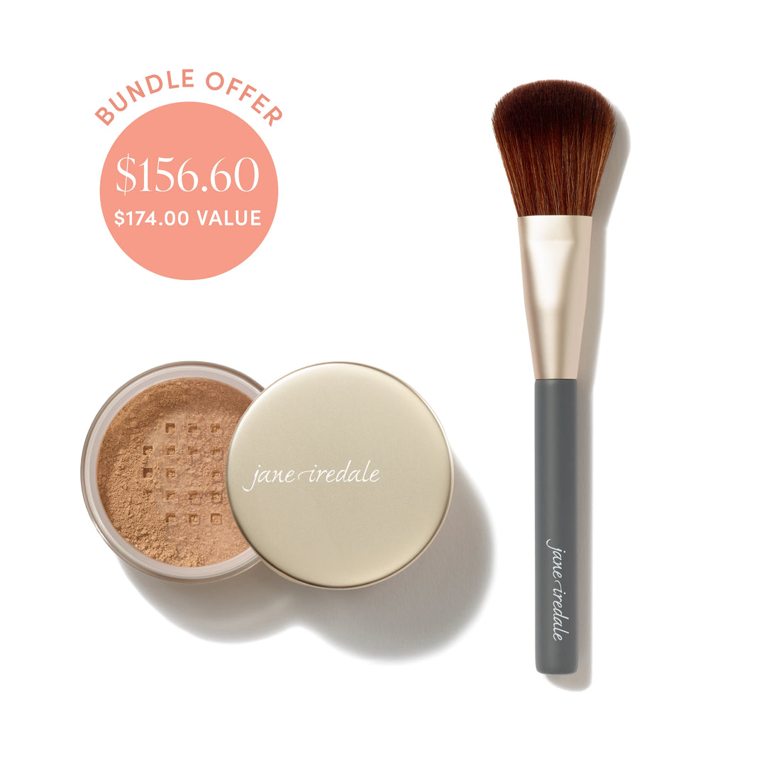 Jane Iredale® Amazing Base Loose Mineral Powder in Caramel shade beside a Powder Complexion Brush, with bundle offer badge showing $156.60 and $174.00 value.