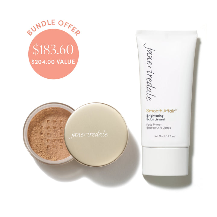 Jane Iredale® Amazing Base Loose Mineral Powder in Caramel shade beside Smooth Affair® Brightening Face Primer, with bundle offer badge showing $183.60 and $204.00 value.