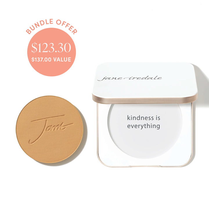 Jane Iredale® PurePressed Base Mineral Foundation refill in Golden Tan shade beside a refillable compact, with bundle offer badge showing $123.30 and $137.00 value.