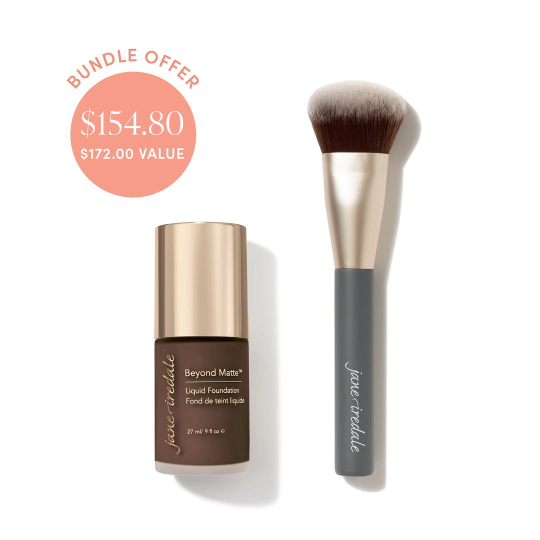 Jane Iredale® Beyond Matte Liquid Foundation in shade M17 beside a Multiuse Blending Brush, with bundle offer badge showing $154.80 and $172.00 value.