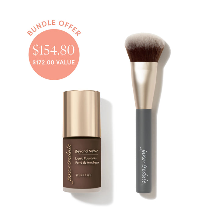 Jane Iredale® Beyond Matte Liquid Foundation in shade M17 beside a Multiuse Blending Brush, with bundle offer badge showing $154.80 and $172.00 value.