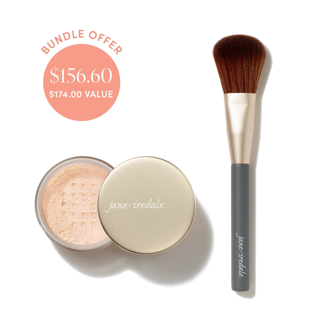 Jane Iredale® Amazing Base Loose Mineral Powder in Ivory shade beside a Powder Complexion Brush, with bundle offer badge showing $156.60 and $174.00 value.
