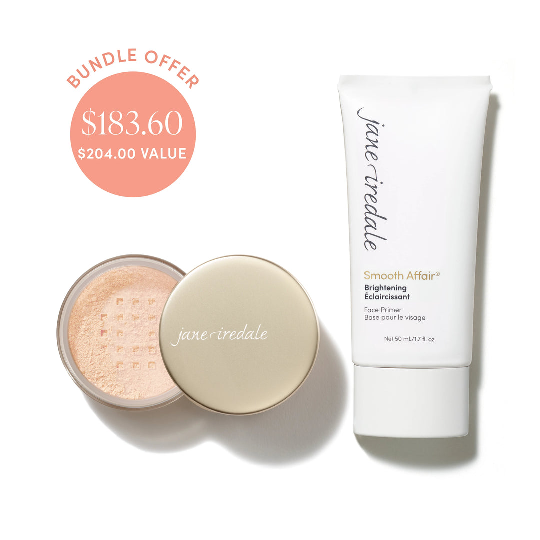 Jane Iredale® Amazing Base Loose Mineral Powder in Ivory shade beside Smooth Affair® Brightening Face Primer, with bundle offer badge showing $183.60 and $204.00 value.