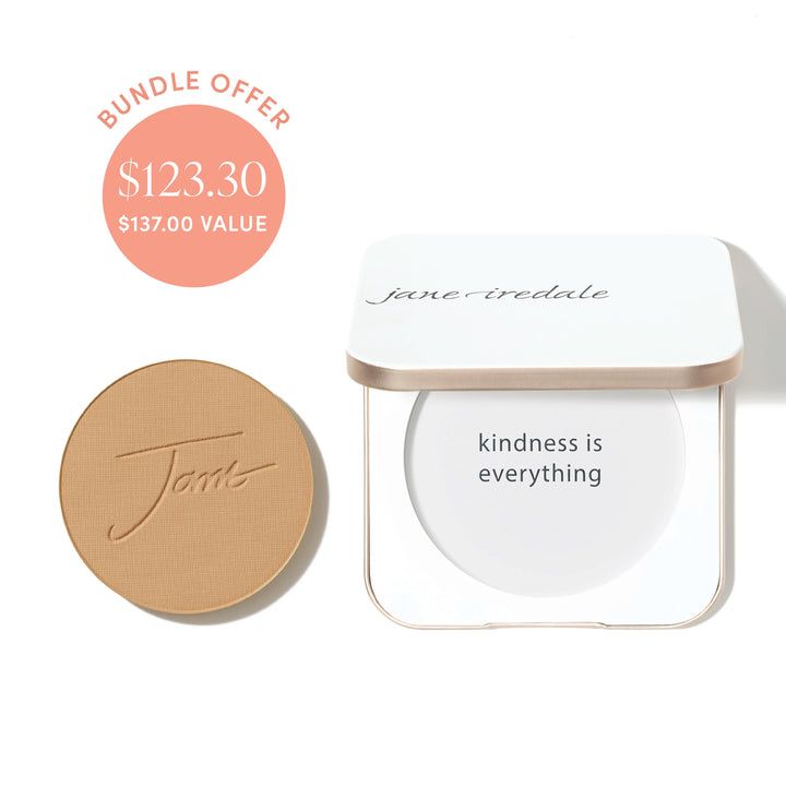 Jane Iredale® PurePressed Base Mineral Foundation refill in Caramel shade beside a refillable compact, with bundle offer badge showing $123.30 and $137.00 value.