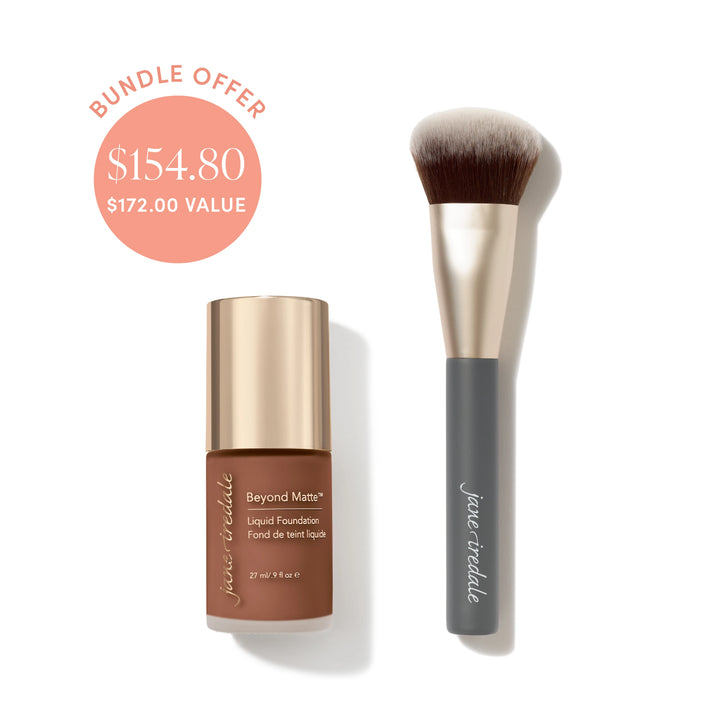 Jane Iredale® Beyond Matte Liquid Foundation in shade M18 beside a Multiuse Blending Brush, with bundle offer badge showing $154.80 and $172.00 value.