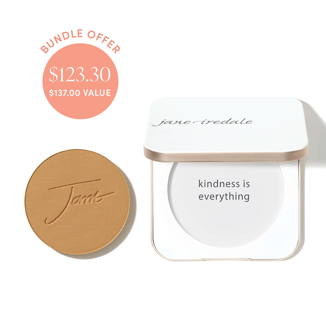Jane Iredale® PurePressed Base Mineral Foundation refill in Autumn shade beside a refillable compact, with bundle offer badge showing $123.30 and $137.00 value.
