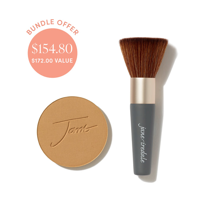 Jane Iredale® PurePressed Base Mineral Foundation refill in Autumn shade beside a Handi Brush, with bundle offer badge showing $154.80 and $172.00 value.