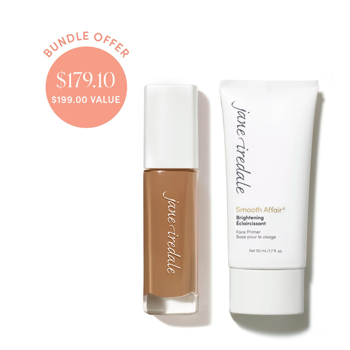 Jane Iredale® Skintuition SPF 30 Radiance-Boosting Liquid Foundation in shade 56 beside Brightening Smooth Affair Face Primer, with bundle offer badge showing $179.10 and $199.00 value.