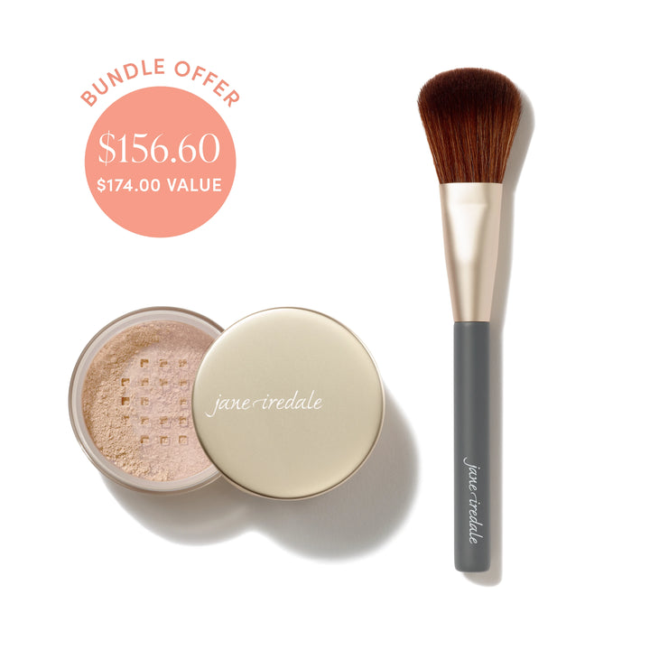 Jane Iredale® Amazing Base Loose Mineral Powder in Light Beige shade beside a Powder Complexion Brush, with bundle offer badge showing $156.60 and $174.00 value.