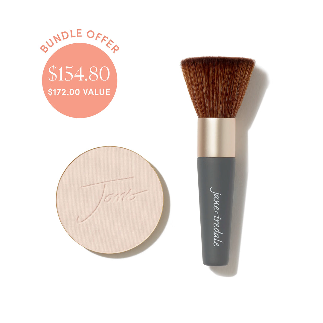 Jane Iredale® PurePressed Base Mineral Foundation refill in Ivory shade beside a Handi Brush, with bundle offer badge showing $154.80 and $172.00 value.