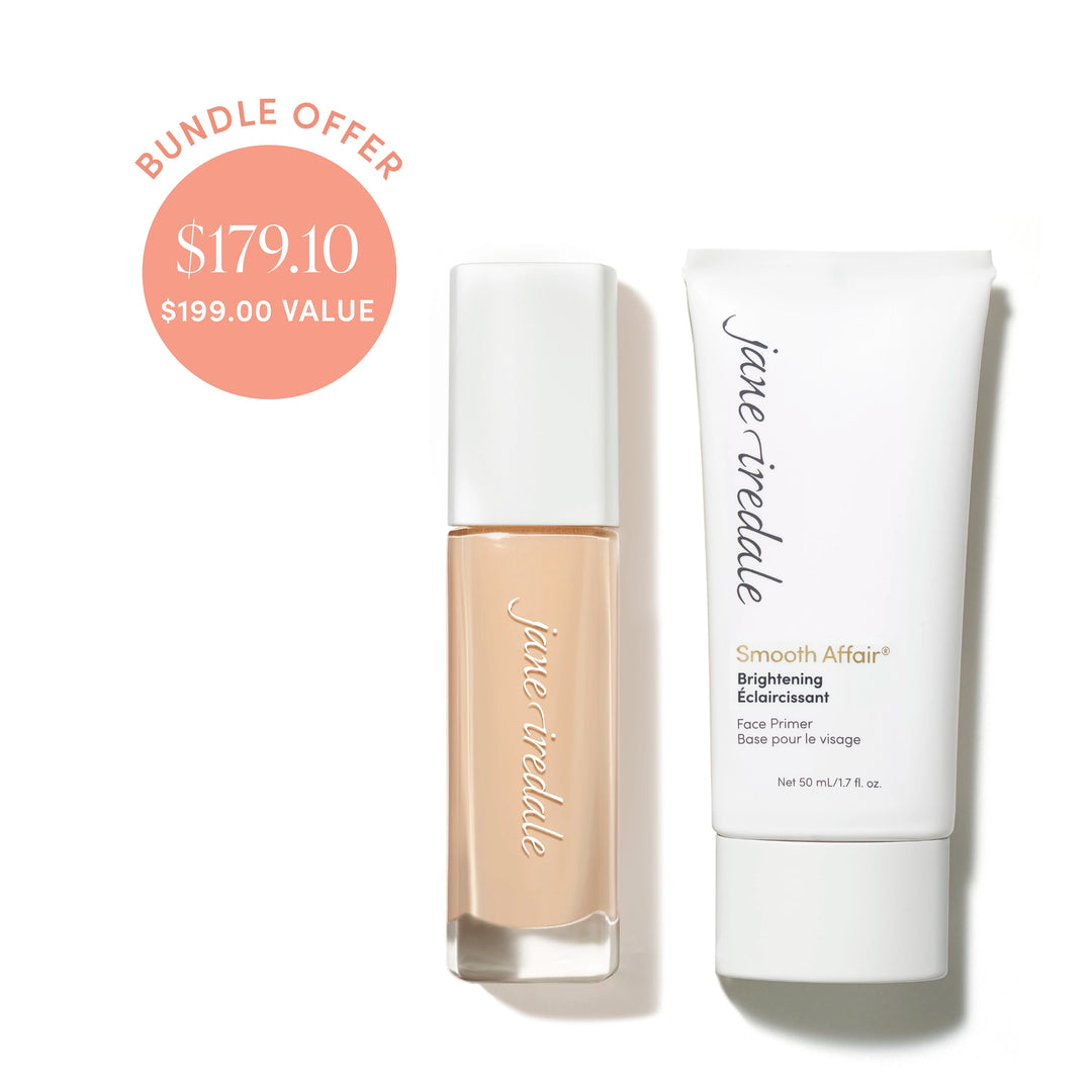 Jane Iredale® Skintuition SPF 30 Radiance-Boosting Liquid Foundation in shade 10 beside Brightening Smooth Affair Face Primer, with bundle offer badge showing $179.10 and $199.00 value.
