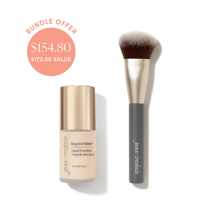 Jane Iredale® Beyond Matte Liquid Foundation in shade M1 beside a Multiuse Blending Brush, with bundle offer badge showing $154.80 and $172.00 value.