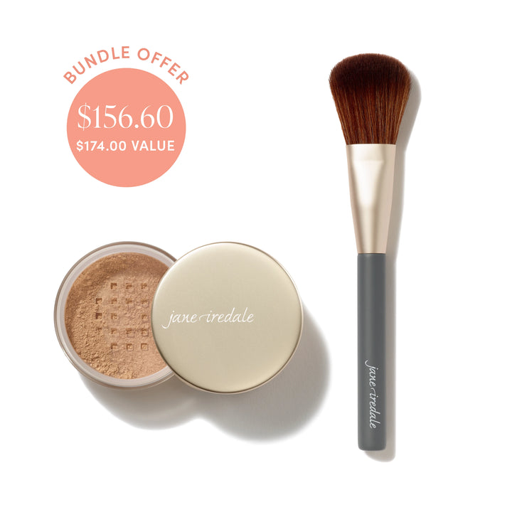 Jane Iredale® Amazing Base Loose Mineral Powder in Autumn shade beside a Powder Complexion Brush, with bundle offer badge showing $156.60 and $174.00 value.