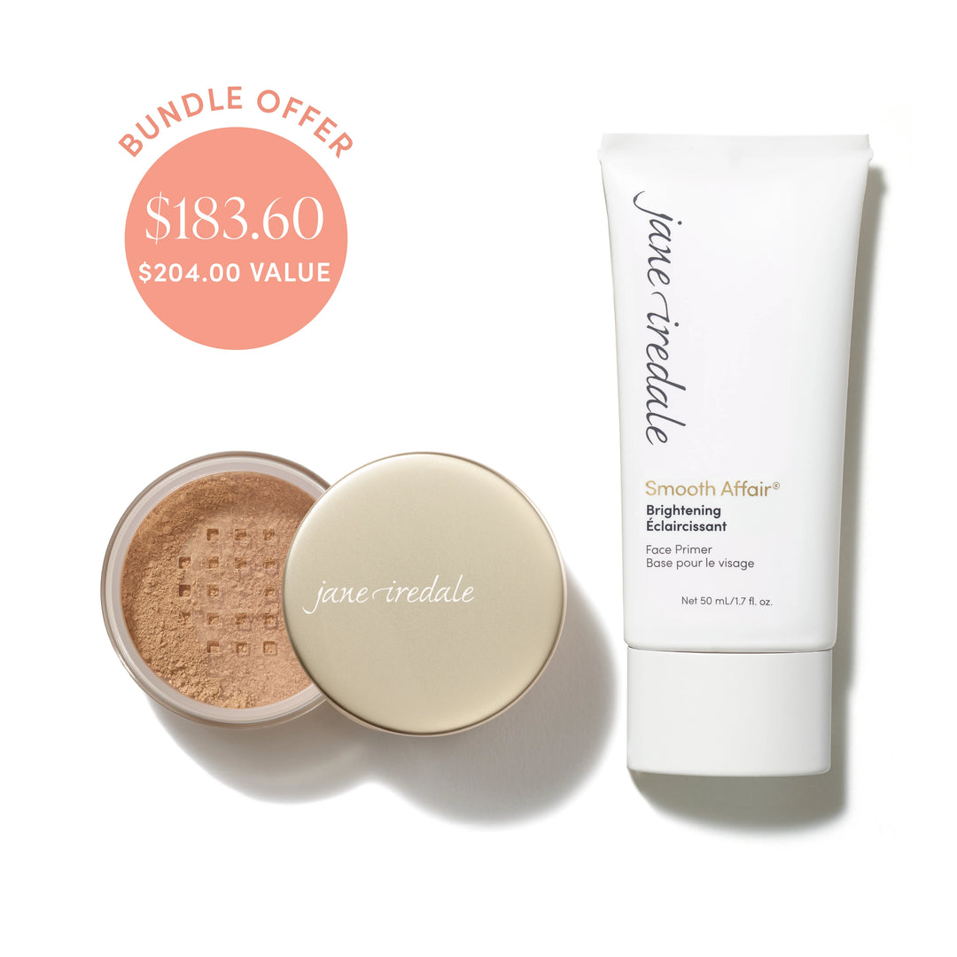 Jane Iredale® Amazing Base Loose Mineral Powder in Autumn shade beside Smooth Affair® Brightening Face Primer, with bundle offer badge showing $183.60 and $204.00 value.