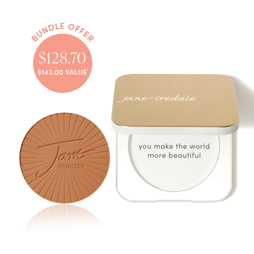 Jane Iredale® PureBronze Bronzer refill in Matte 2 shade beside a Refillable Compact, with bundle offer badge showing $128.70 and $143.00 value.