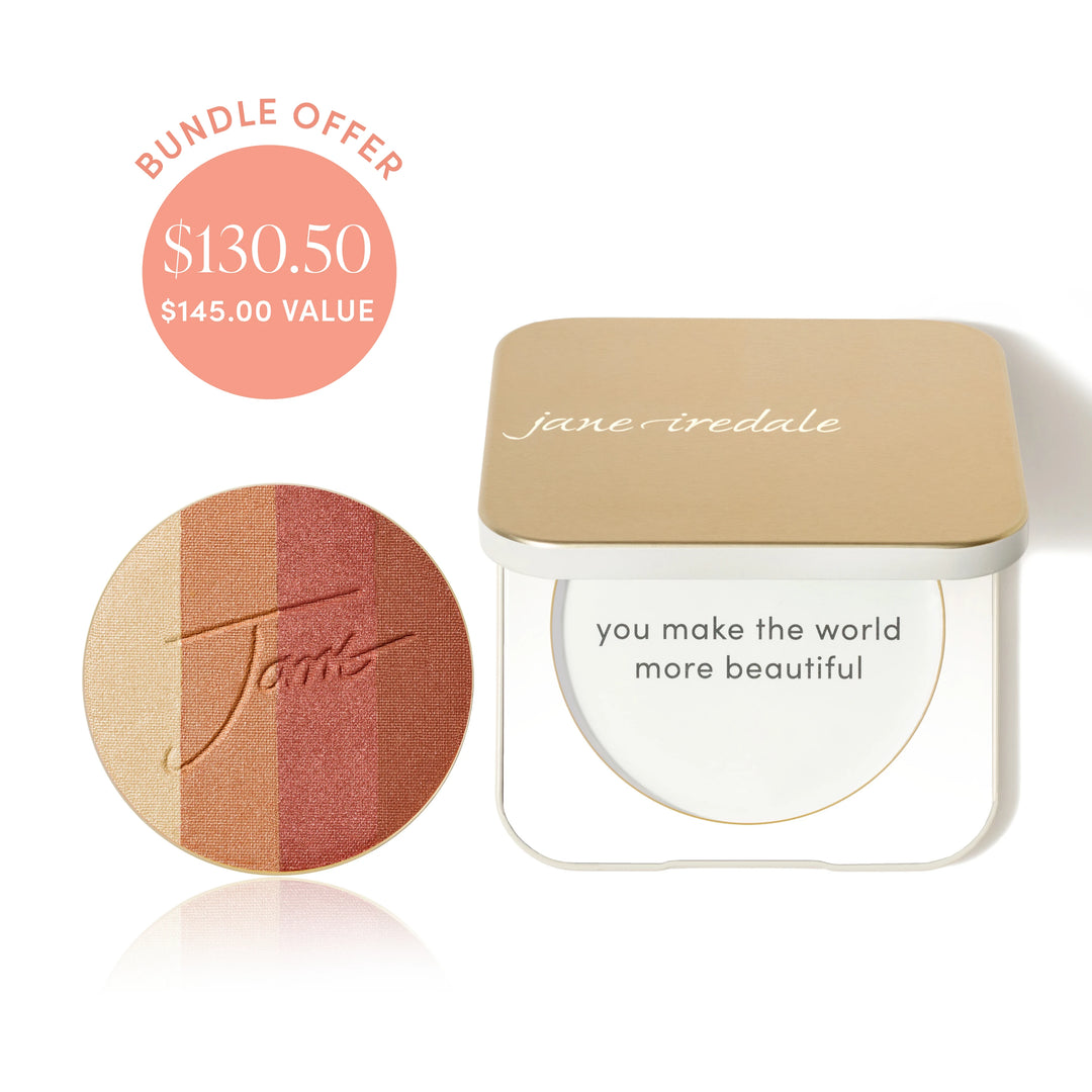 Jane Iredale® PureBronze Shimmer Bronzer refill in Copper Dusk shade beside a Refillable Compact, with bundle offer badge showing $130.50 and $145.00 value.