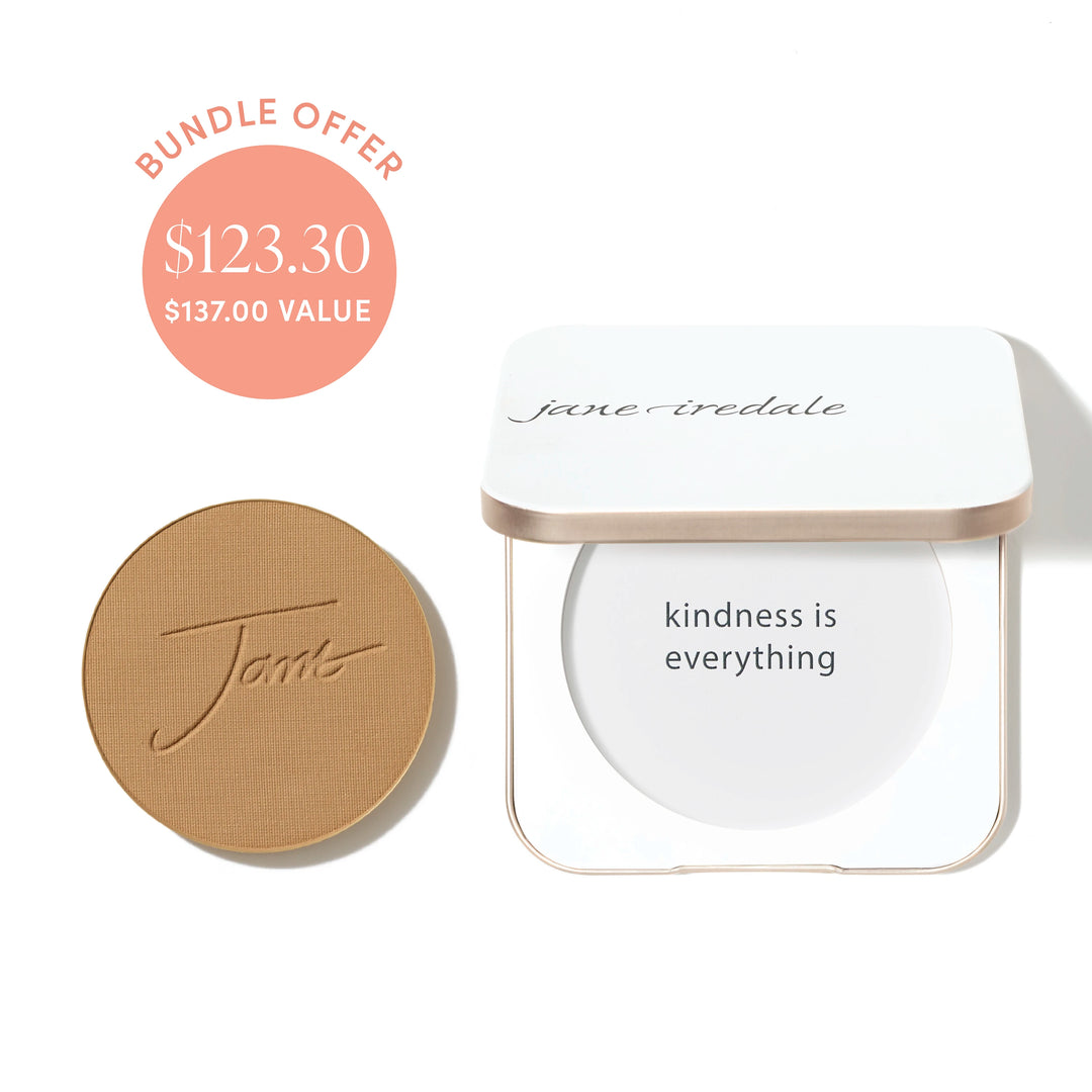 Jane Iredale® PurePressed Base Mineral Foundation refill in Fawn shade beside a refillable compact, with bundle offer badge showing $123.30 and $137.00 value.